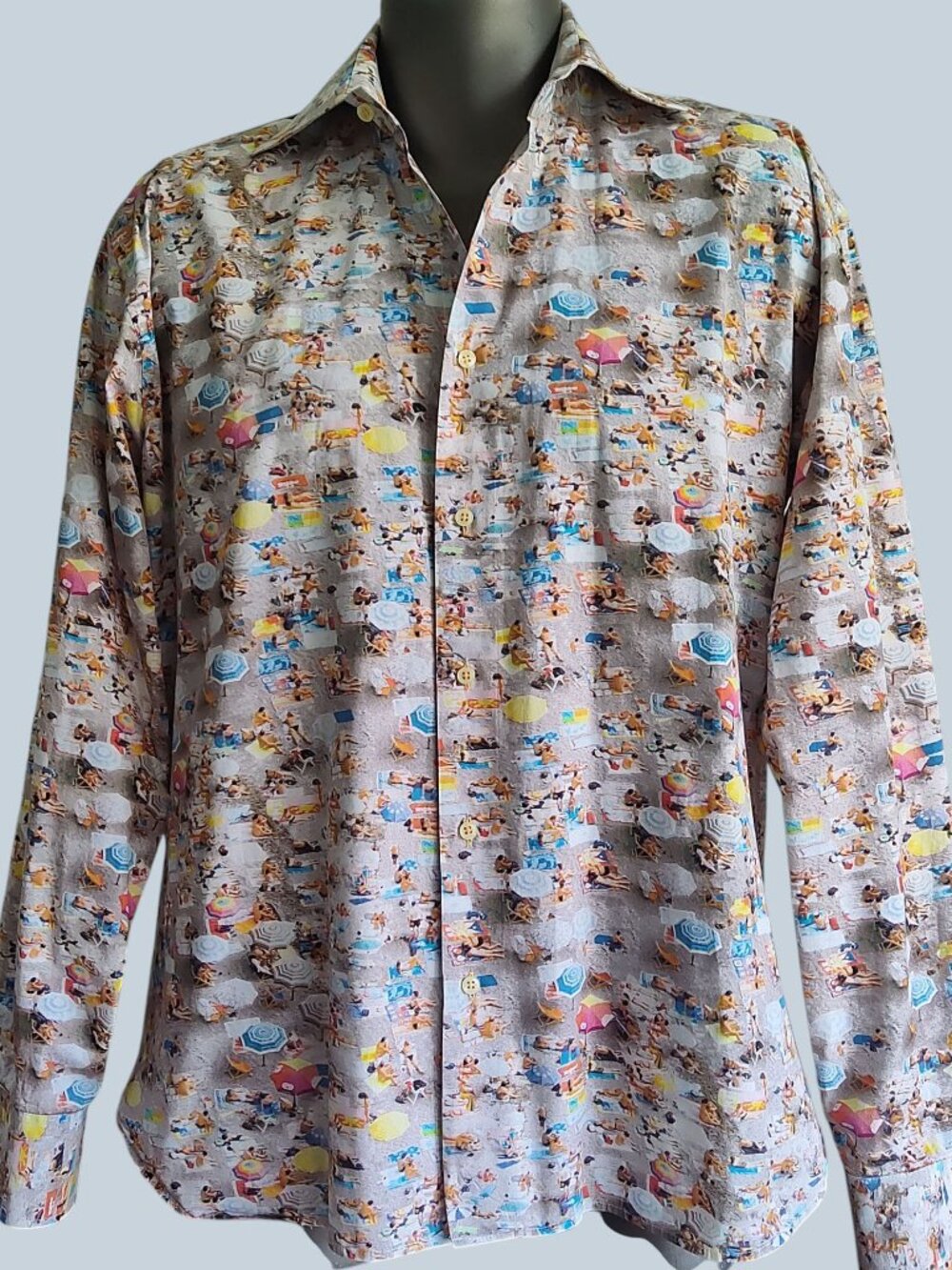 Coton Doux Mens Slim Fit Button Down Shirt Long Sleeve Beach Retro Print XL
